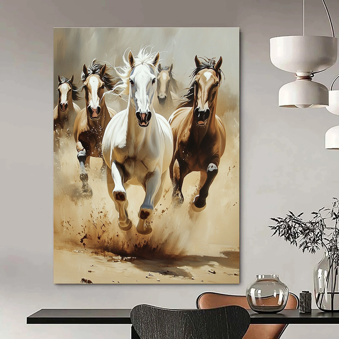 An abstract painting featuring horses in motion with dust clouds around them capturing the essence of speed and natural beauty in a simple landscape.STSC1013