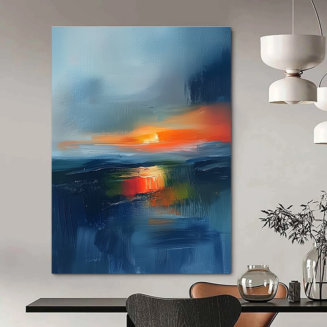 Large abstract painting featuring an Irish landscape at sunset with blue and orange tones and atmospheric clouds for a stunning visual impact.STSC149