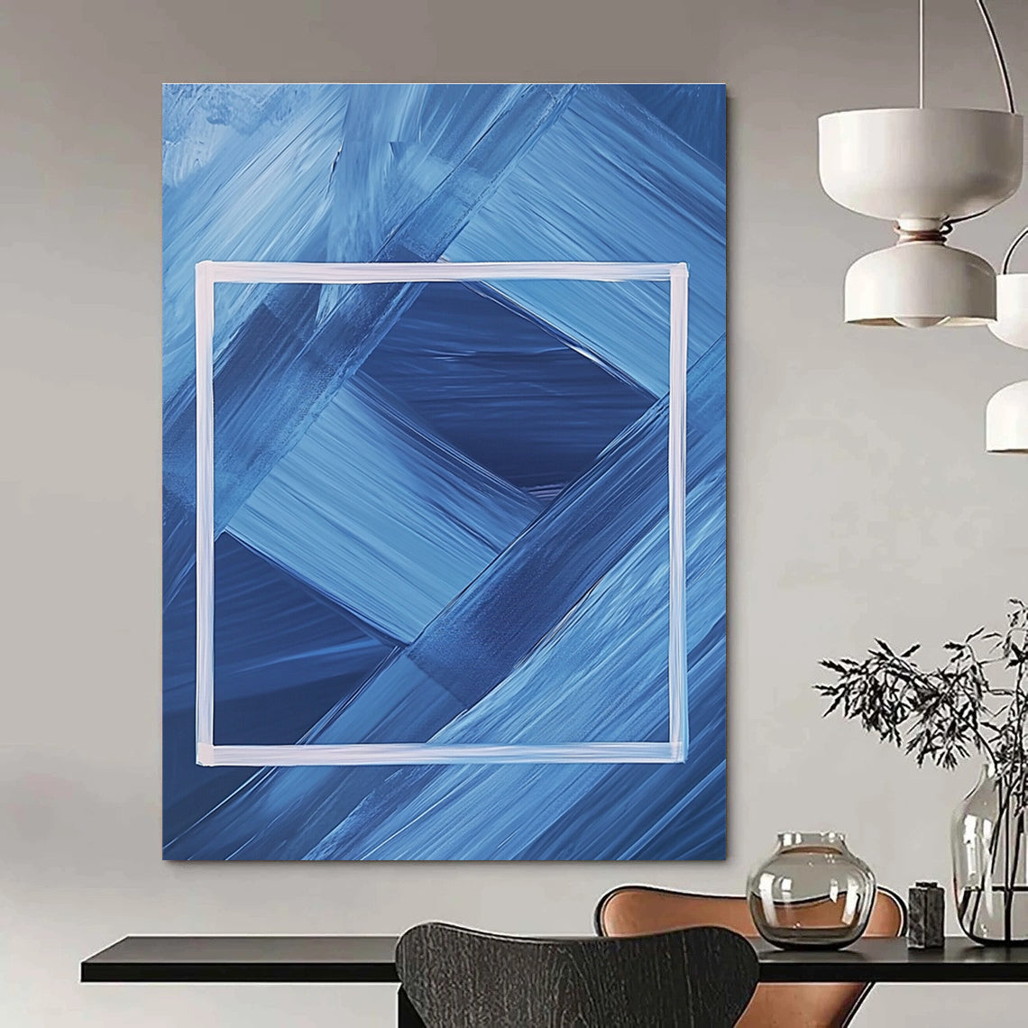 Abstract painting featuring a dark blue background with a white frame and geometric shapes creating a symmetrical minimalist design.STSC037
