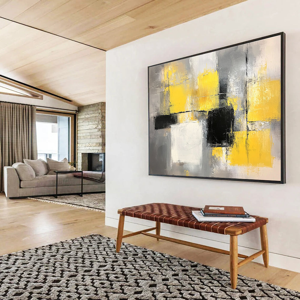 Yellow and Gray Abstract Painting with Geometric Blocks DYP400