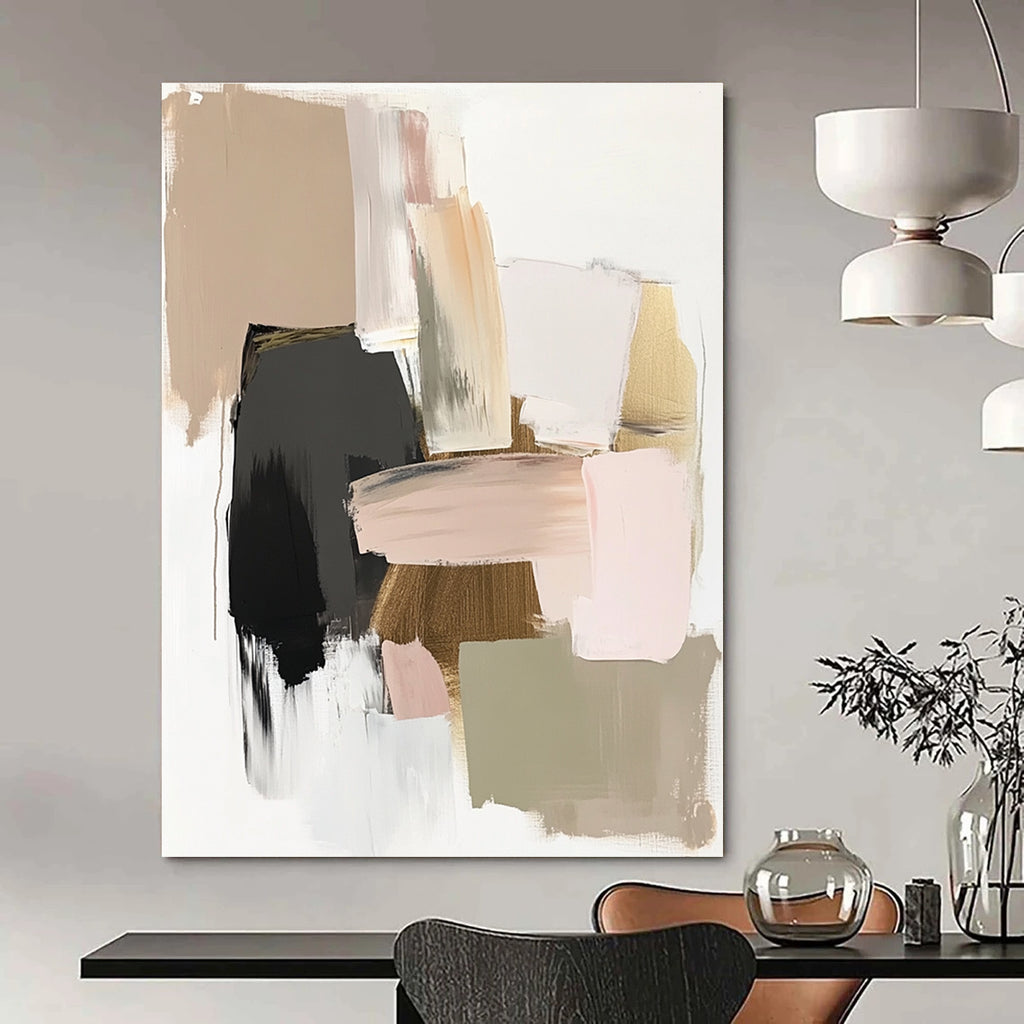 A large abstract painting featuring neutral tones with soft pinks and greens complemented by gold accents in a minimalist style.STSC619