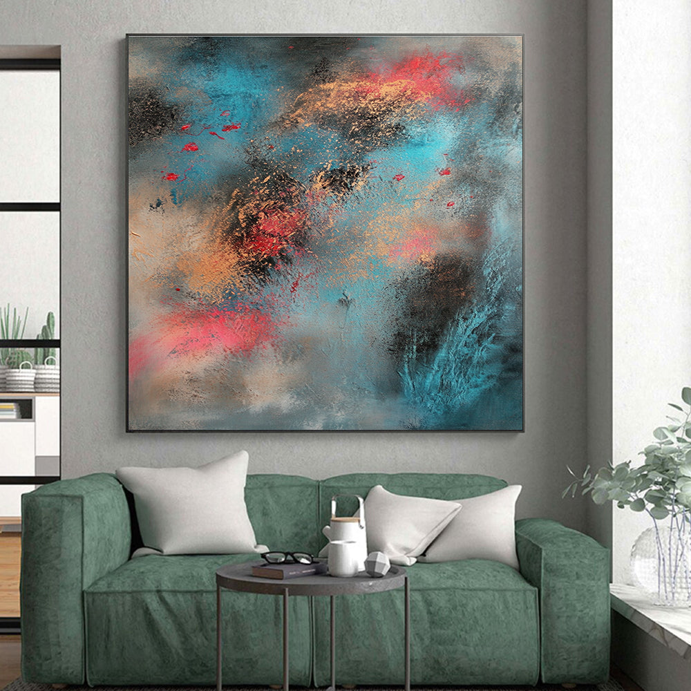 Blue Gold and Red Abstract Painting with Dynamic Splashes GER661