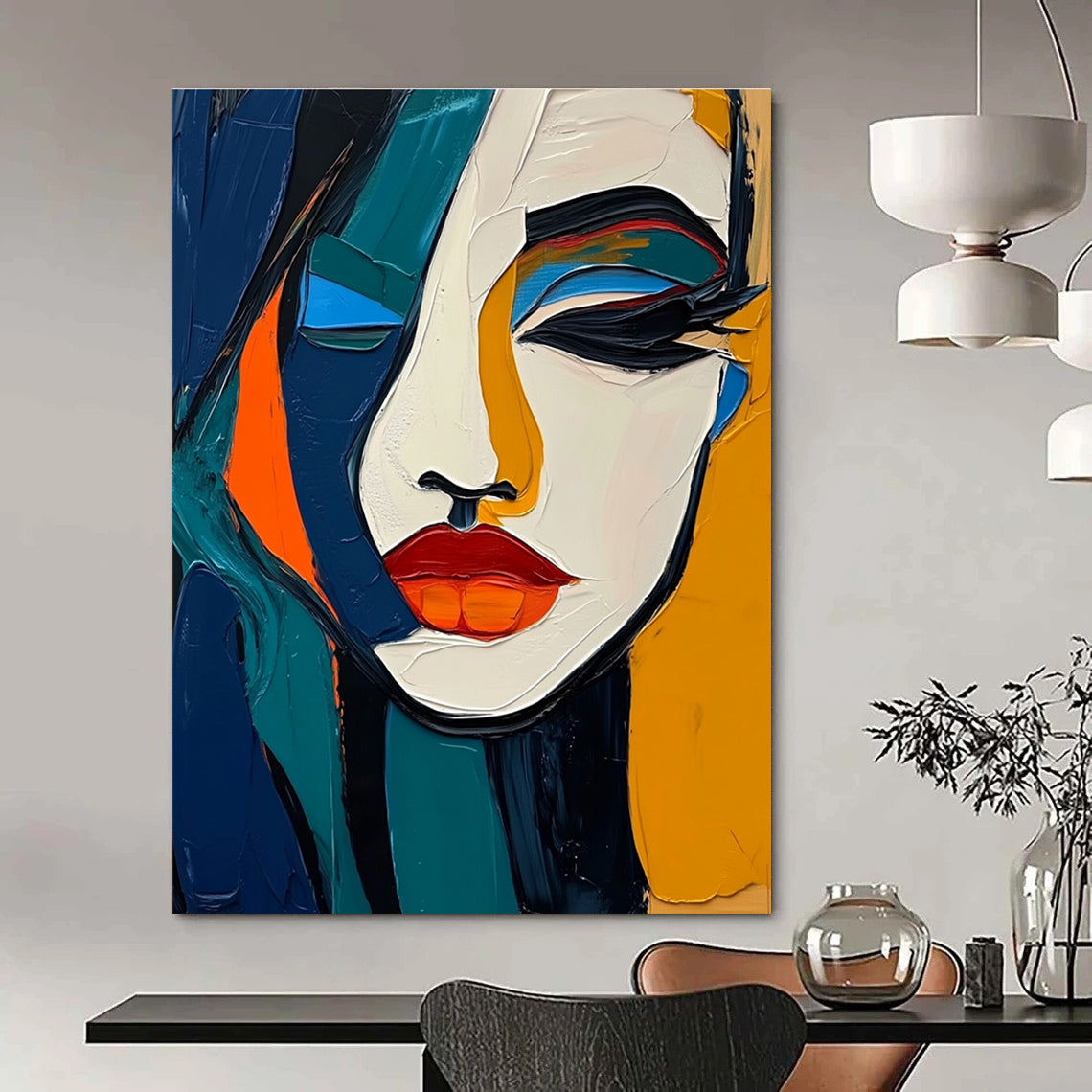 A large abstract painting with elegant features in vibrant colors merging with strong shadows bold lines and smooth textures.STSC1098