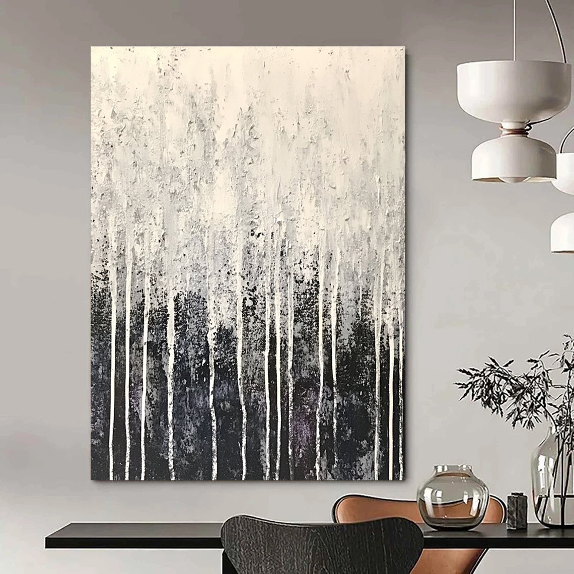 Large abstract painting in white and gray with drip effects and fine droplets resembling frost creating a serene winter atmosphere.STSC360