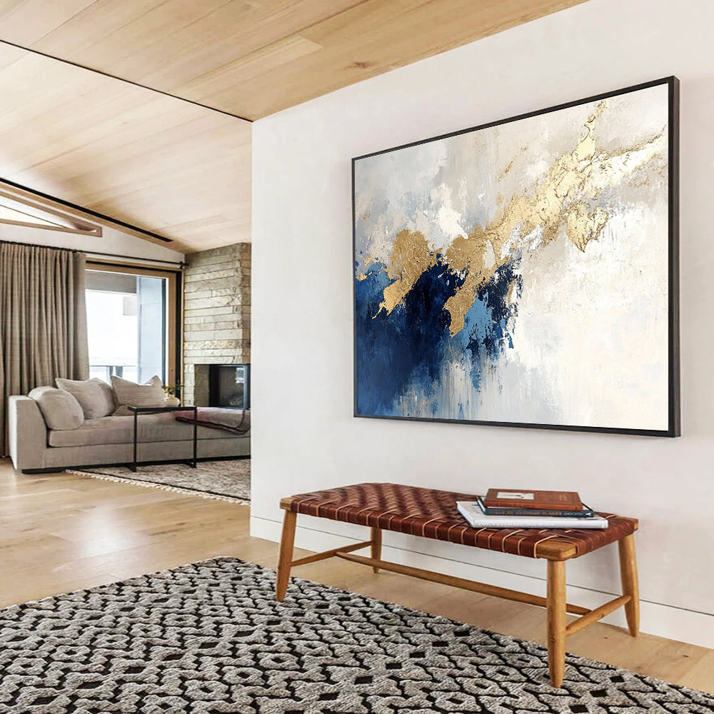Blue and Gold Dripping Abstract Painting with Textured Layers DYP184