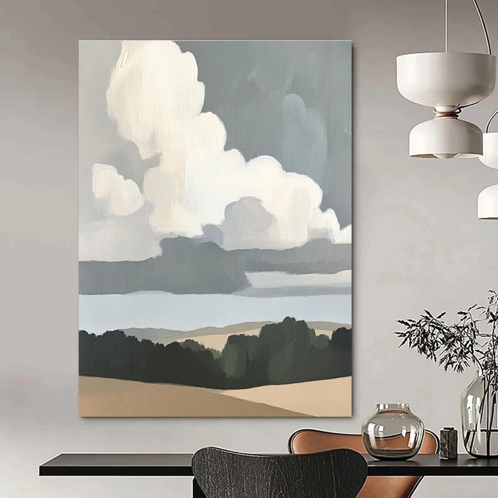 Abstract painting of clouds over plains featuring neutral colors and soft tones inspired by Merian and Morris with thick brush strokes.STSC1390