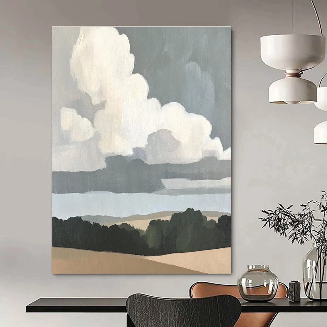 Abstract painting of clouds over plains featuring neutral colors and soft tones inspired by Merian and Morris with thick brush strokes.STSC1390