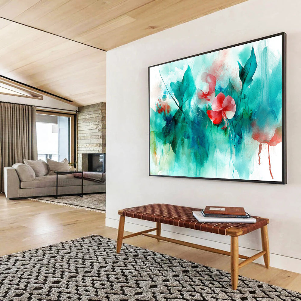 Large abstract watercolor painting featuring leaves flowers and jellyfish in teal aqua red green colors perfect for enhancing any spaceSC287
