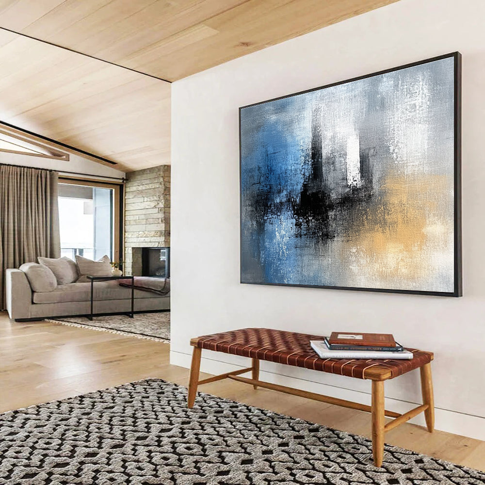 Abstract painting featuring blue black and white textures with gray yellow and brown hues complemented by a tower silhouette in the background.SC032