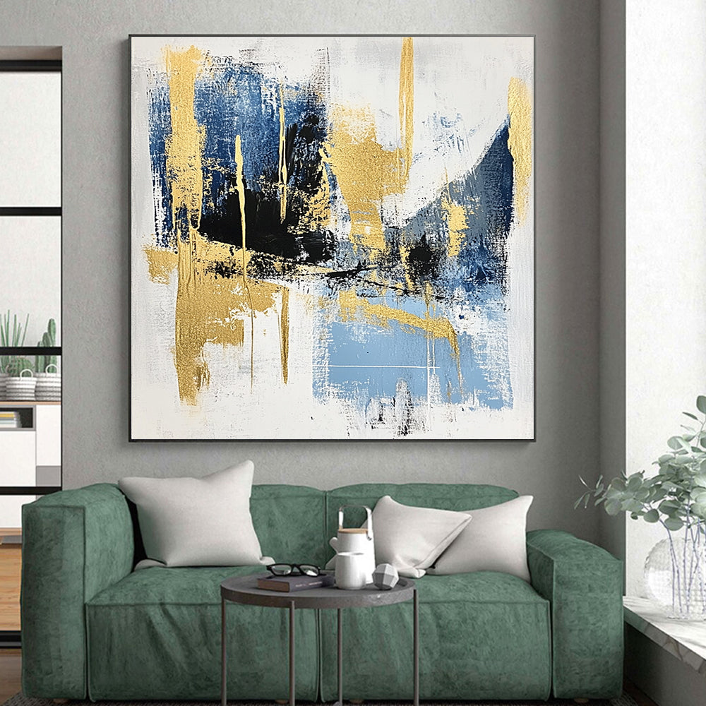 Blue Gold and Black Abstract Painting with Modern Elegance GER523