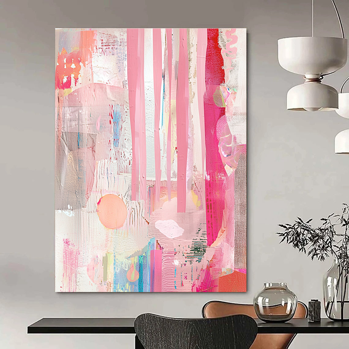 A large abstract collage featuring pink curtains and a window, adorned with soft pastel colors and minimalistic interior design details.STSC1232