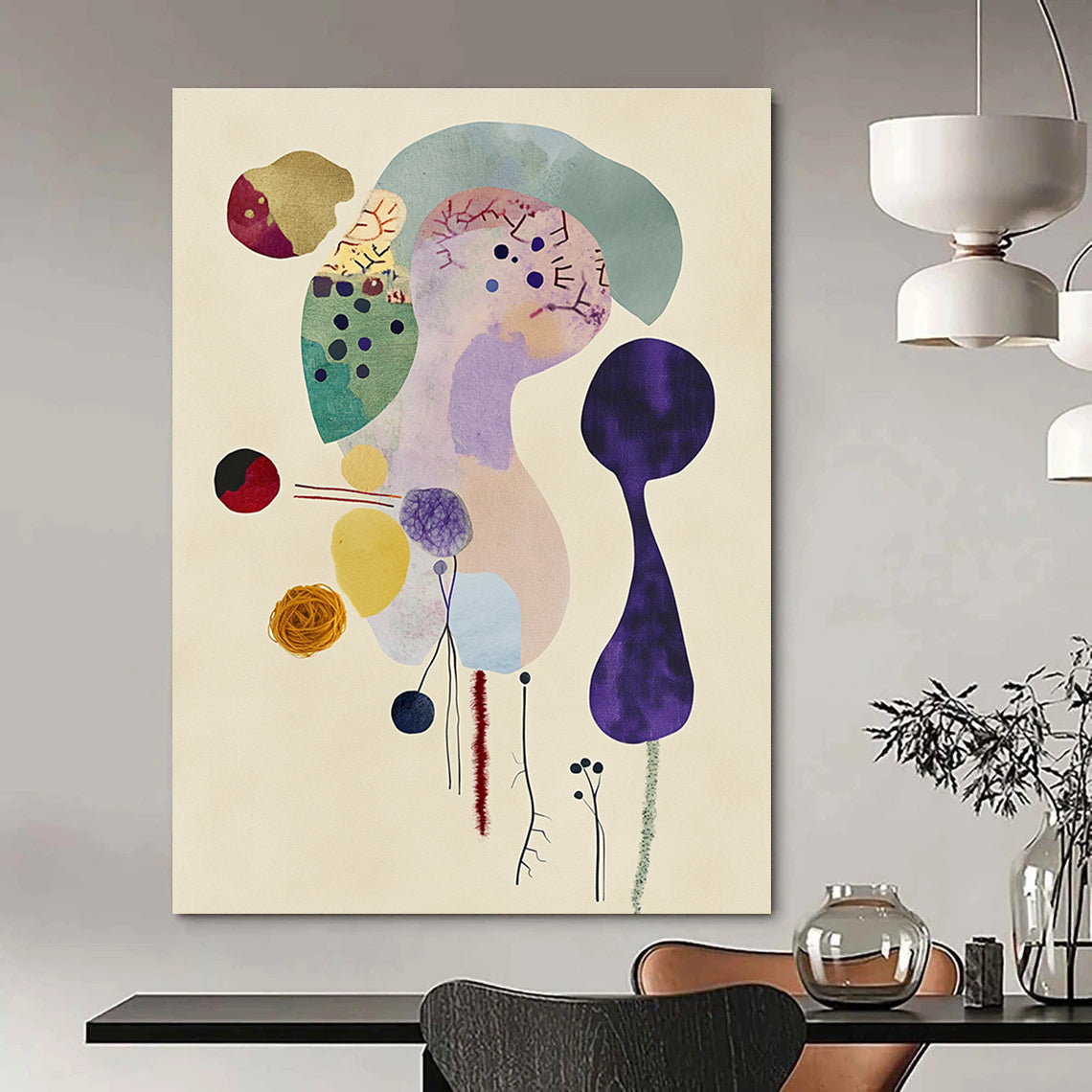 Large abstract fabric figure surrounded by soft pastels doodles wool yarns and watercolor washes on textured paper minimalist style in Matisse inspiration.STSC1351