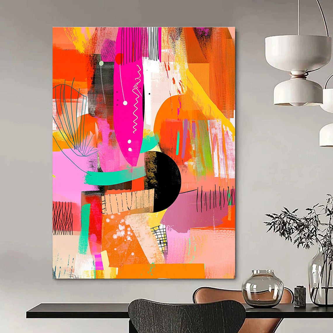 A large abstract painting featuring vibrant pink orange yellow green and black hues with dynamic shapes textures and patterns for modern decor.STSC1222