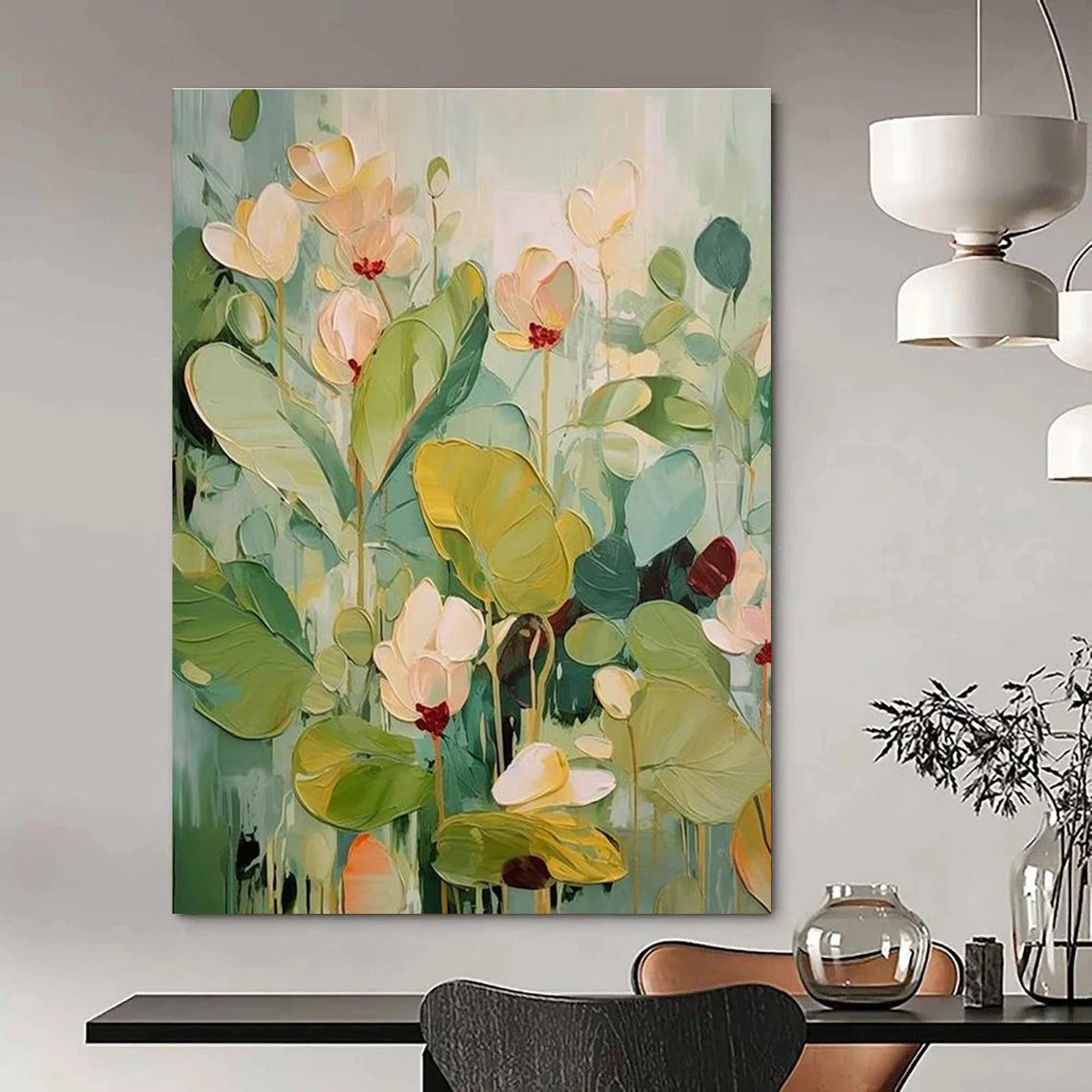 Pastel - toned Flower Abstract Painting with Green and Beige ADGE319