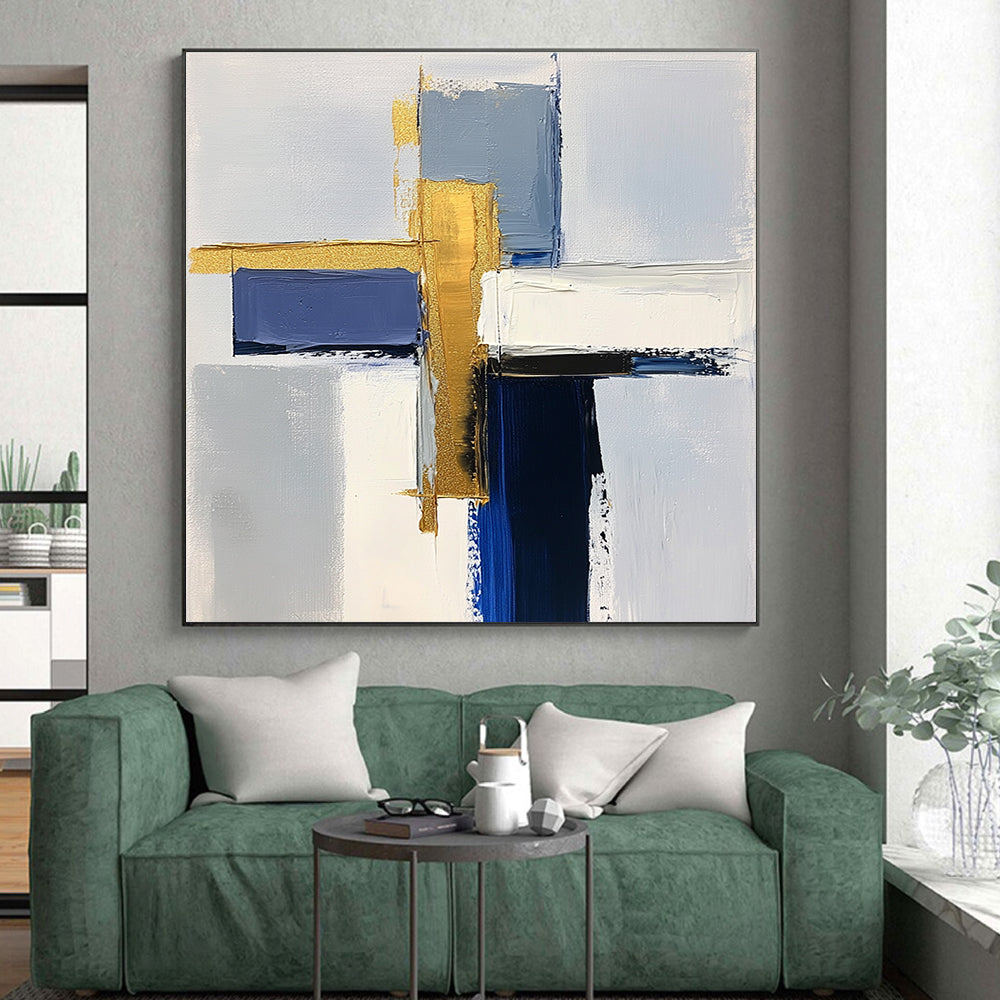 Blue and Gold Abstract Painting with Layered Geometry GER567