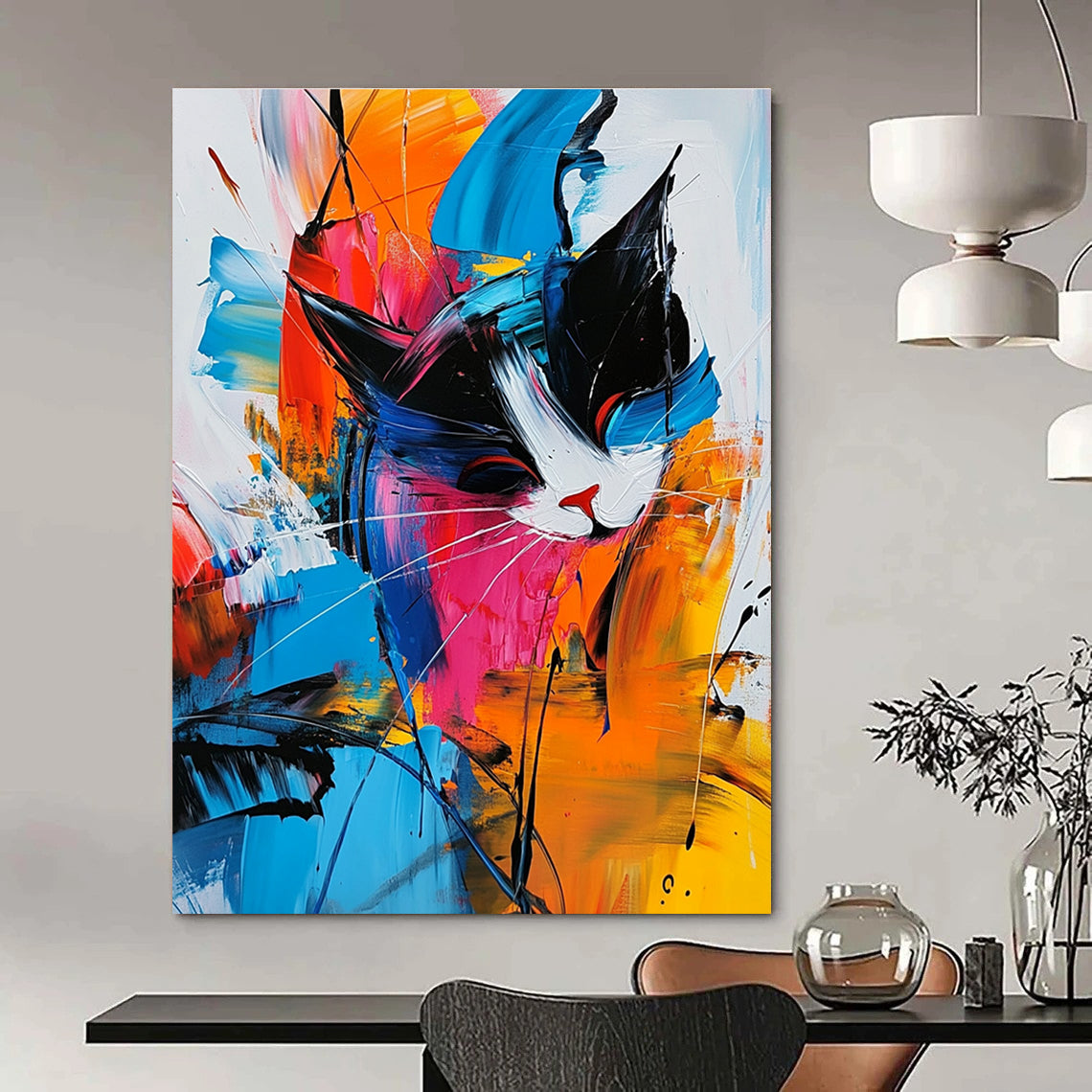 Large abstract painting featuring colorful shapes and lines with expressive brushwork and dynamic lighting on a white background with blue accents.STSC306