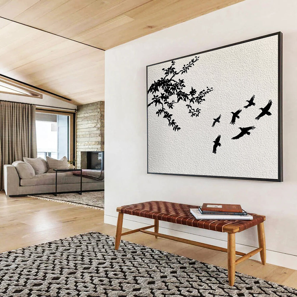 Black White Tree - Bird Silhouette Abstract Painting DYP026