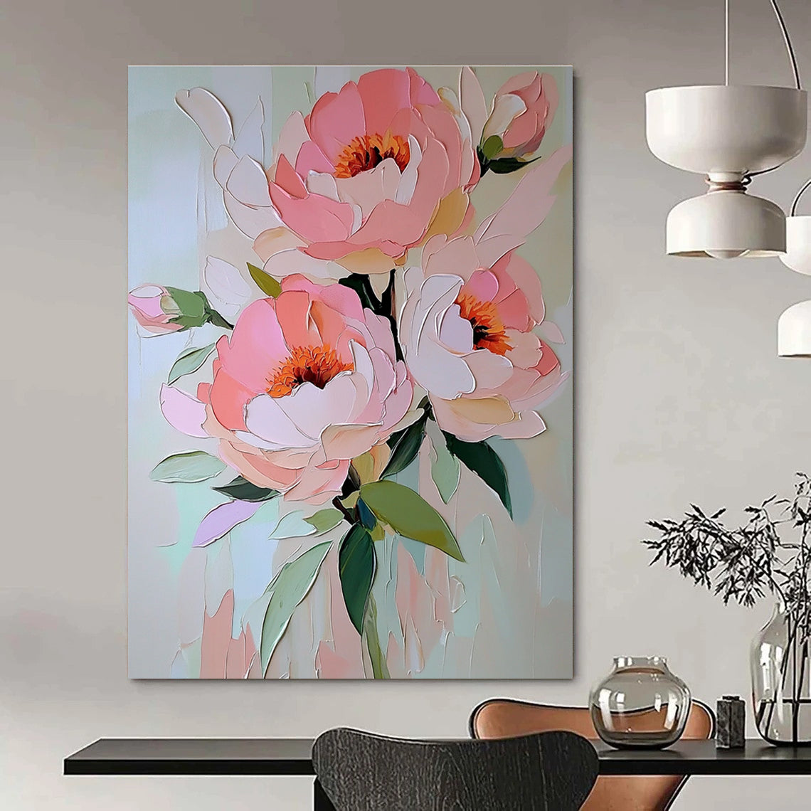 Abstract painting featuring soft pink peonies with pastel colors in an elegant oil on canvas style for a serene floral decor.STSC1413