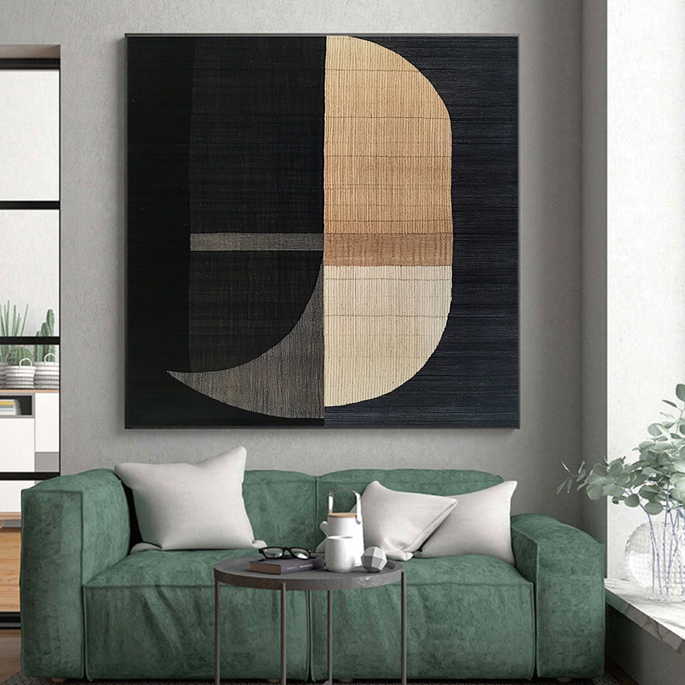 Black and Beige Geometric Abstract Painting with Textured Shapes GER180