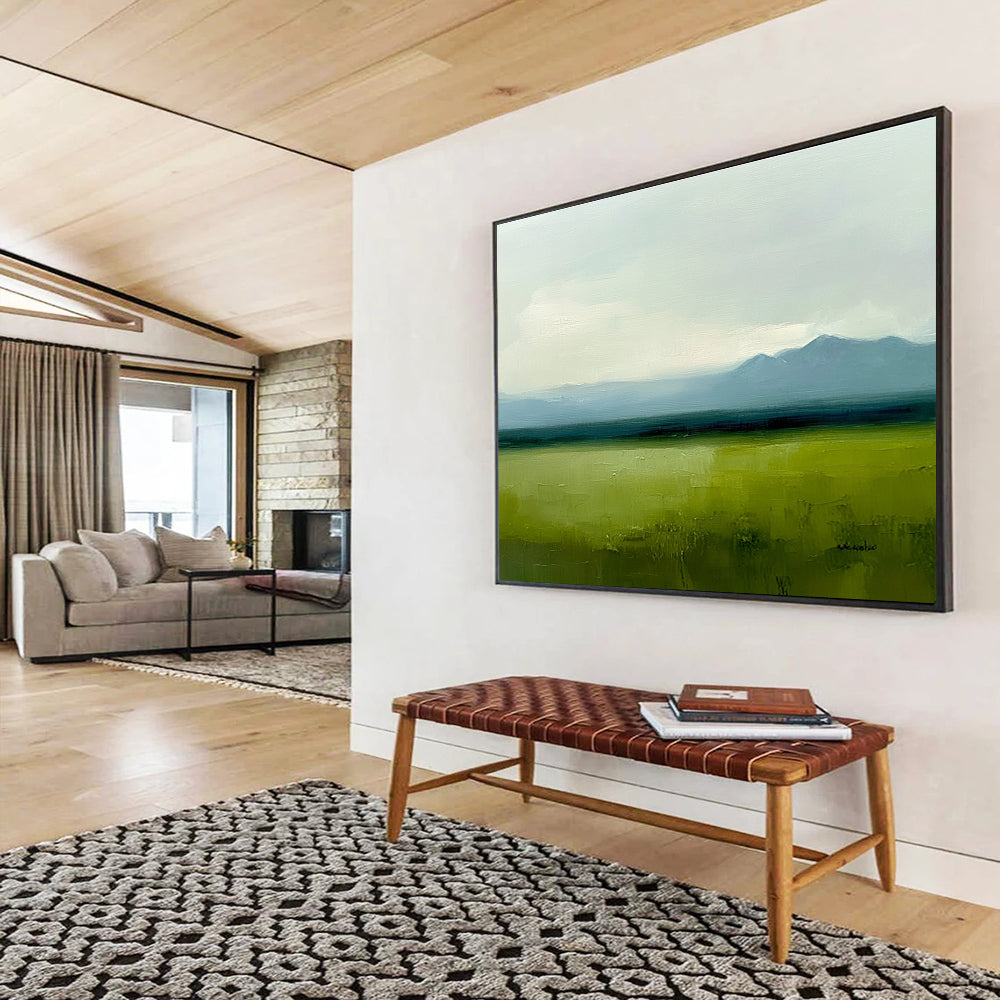 Vast Green Plain Abstract Painting with Green and Blue Tones DYP567