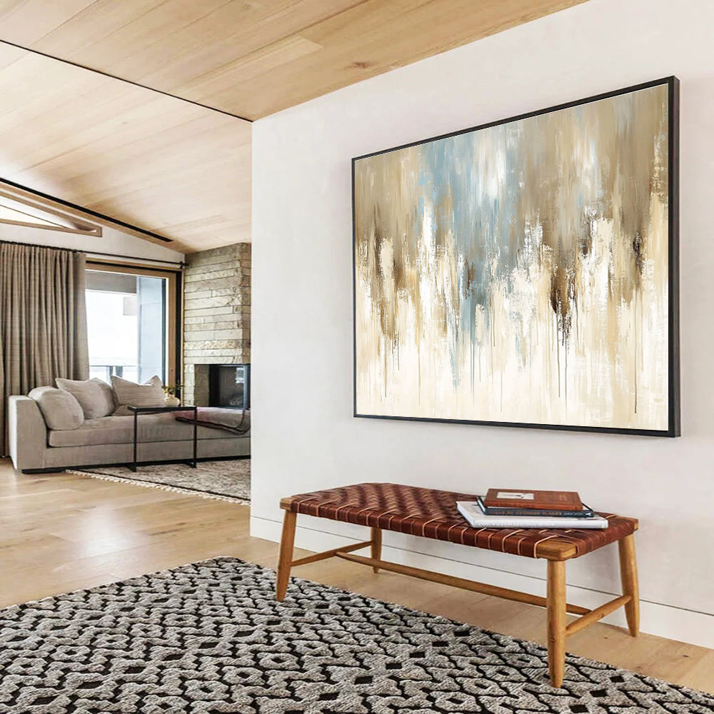 Large abstract painting featuring soft beige and light blue tones with vintage oil texture and elegant paint drips on canvas.SC009