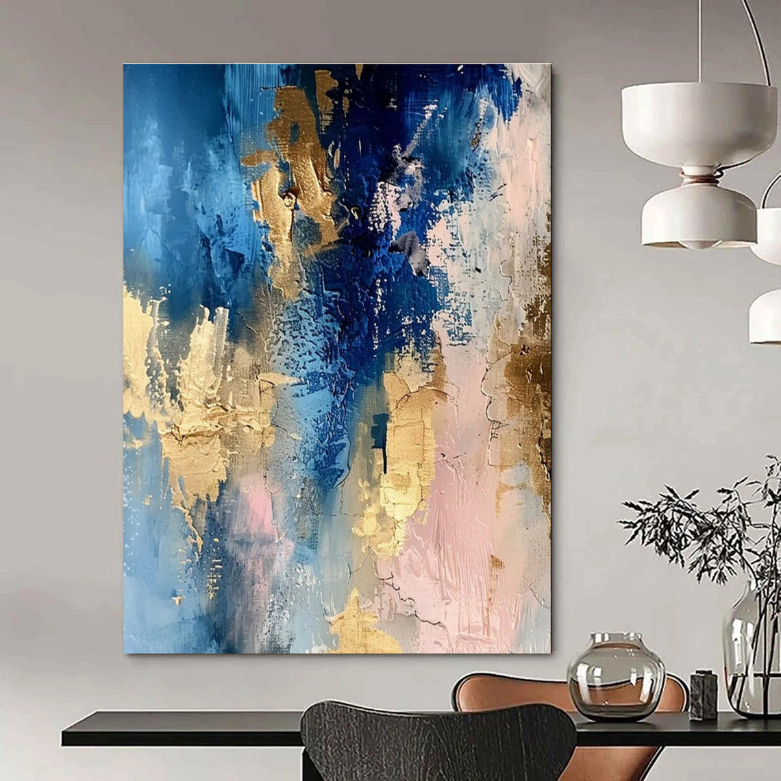 Blue Gold and Pink Abstract Painting with Dynamic Layers ADGE072