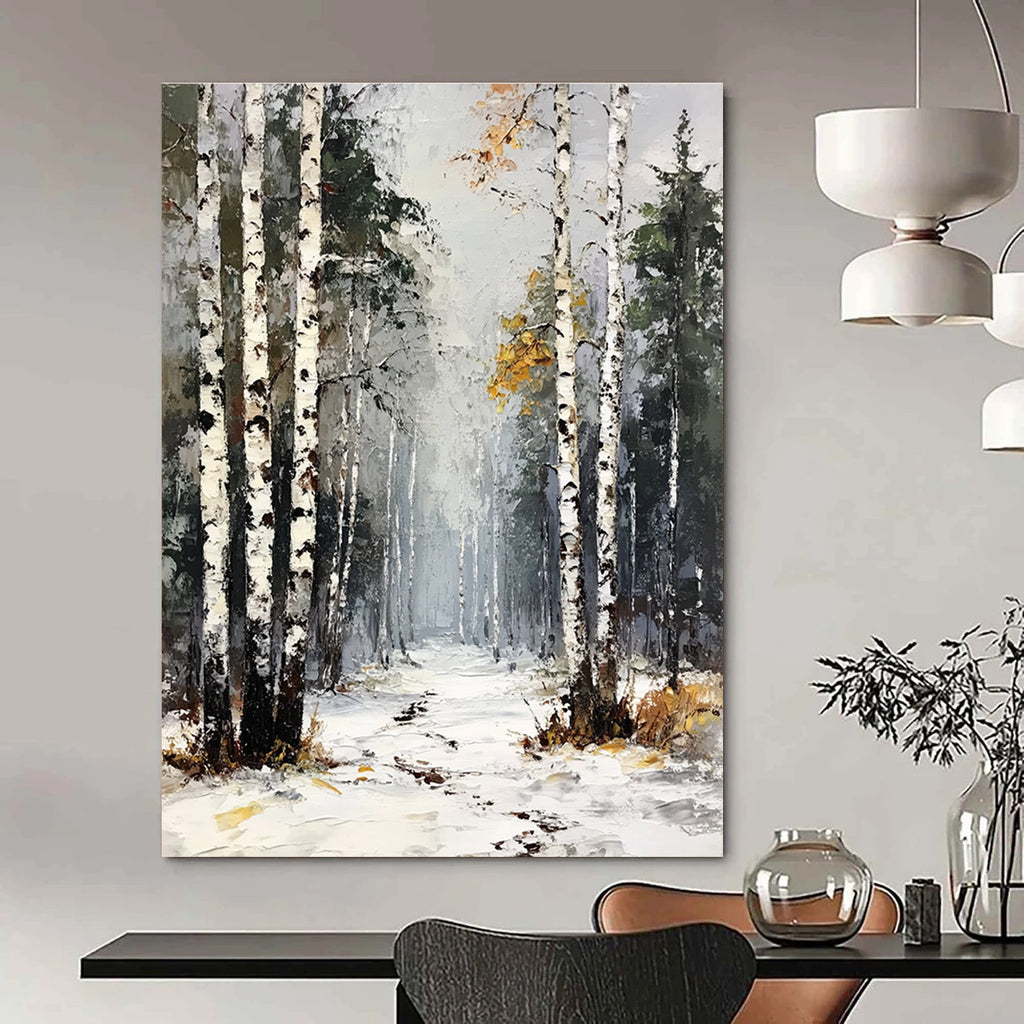 Large abstract painting of a birch forest with white trees green pines and yellow leaves under a gray sky with snow and frost on the ground.STSC1386