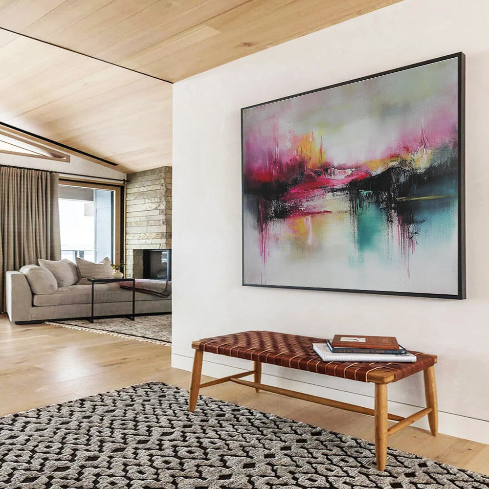 Large abstract painting featuring thick brush strokes in soft pink and teal with striking red accents for a captivating artistic touch.SC089