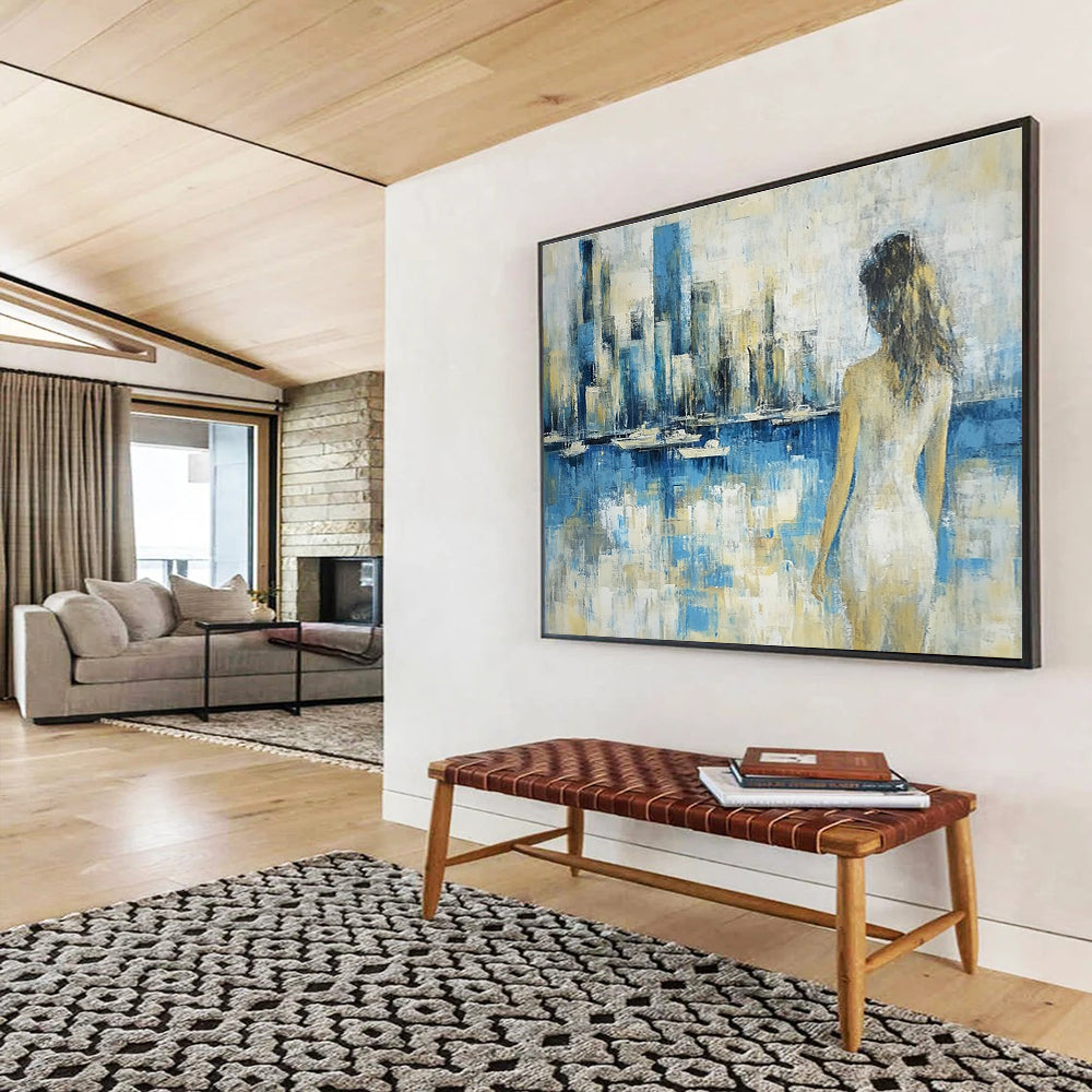 Large abstract painting of a vibrant cityscape in textured gold blue purple and red with impasto strokes and palette knife techniques.SC356