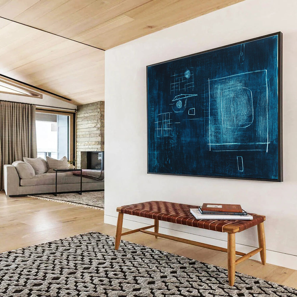 Large abstract painting in dark blue with glowing light and shapes, inspired by Paul Klee, featuring a dreamy atmosphere and bold lines.SC348