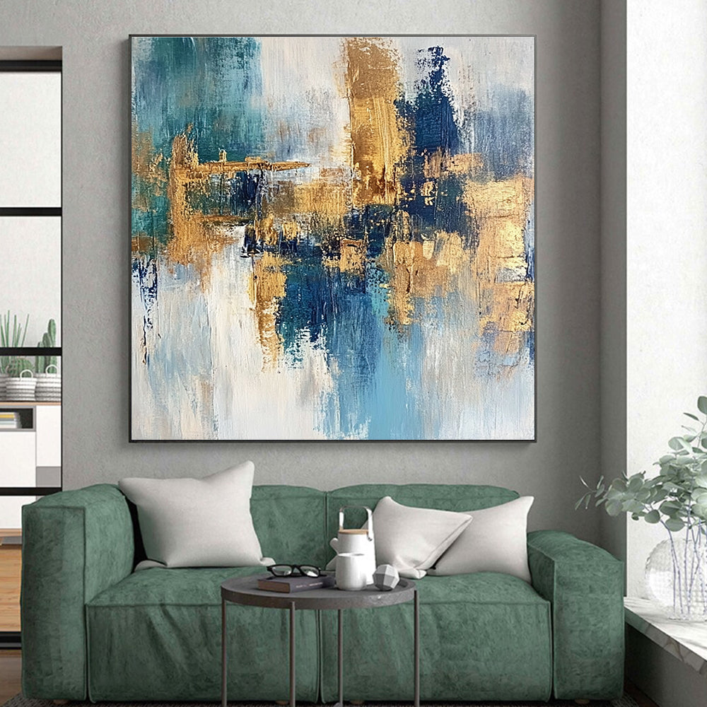 Blue and Gold Abstract Painting with Dynamic Strokes GER474