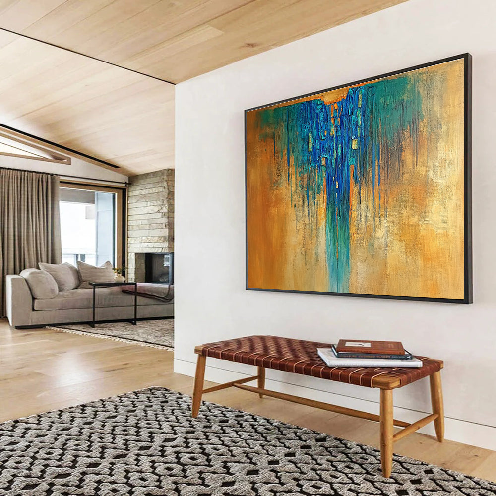 Blue Drip Abstract Painting with Gold Accents DYP498