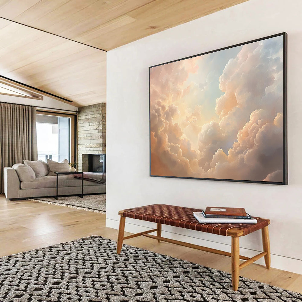A stunning abstract oil painting featuring beautiful clouds in pink and peach tones, creating an ethereal atmosphere with soft light.SC406
