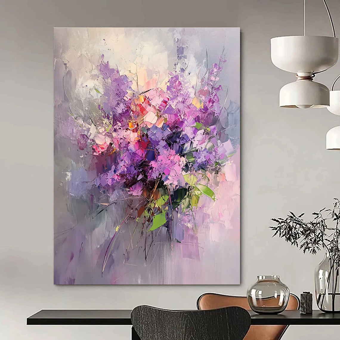 Large abstract oil painting of lilac flowers with purple petals and pink leaves on a light background featuring rich details and delicate textures.STSC926