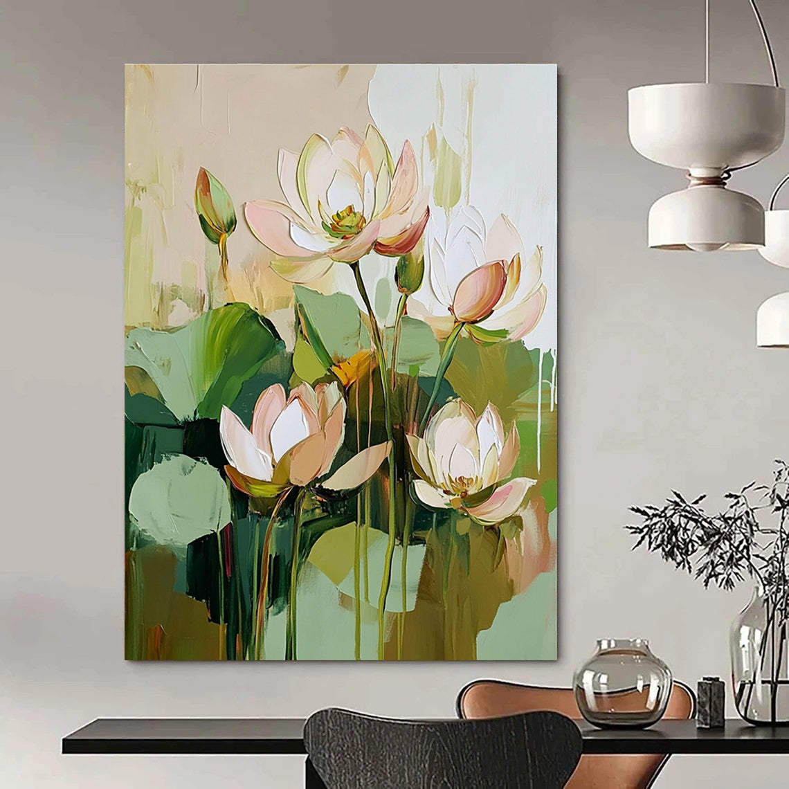 Large abstract painting featuring green plants and lotus flowers in a beige pink and white color palette with detailed brush strokes in a cottagecore style.STSC188