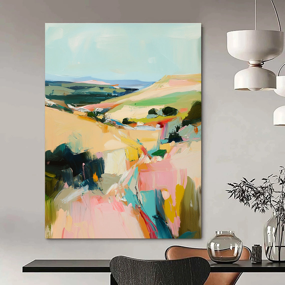 Abstract oil painting of an Irish landscape showcasing vibrant brush strokes in beige pink and teal colors creating a serene atmosphere.STSC150