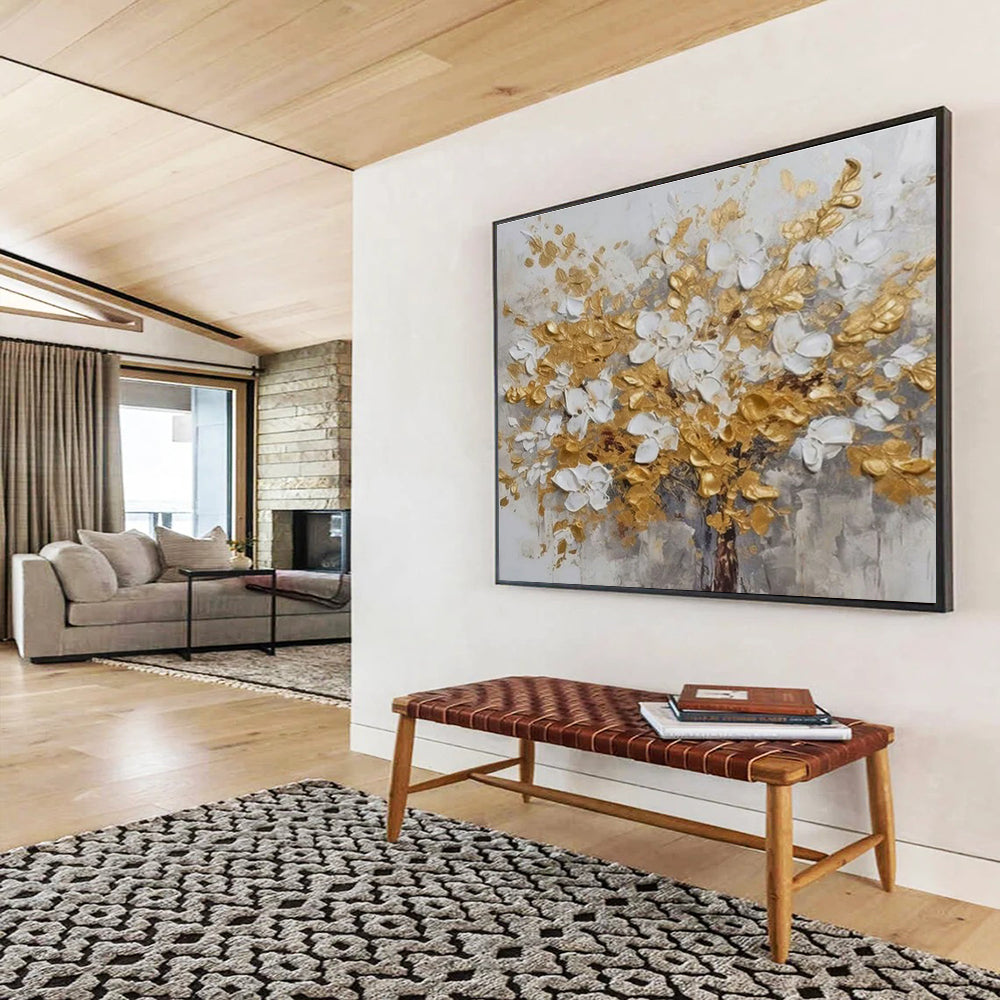 Gold and White Floral Abstract Painting with Textured Blossoms THY246