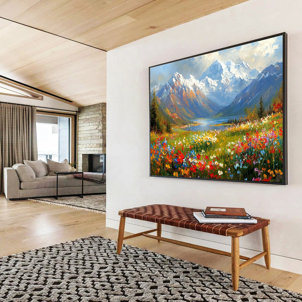 Flower - Filled Mountain Valley Abstract Painting with Colorful Blossoms DYP577