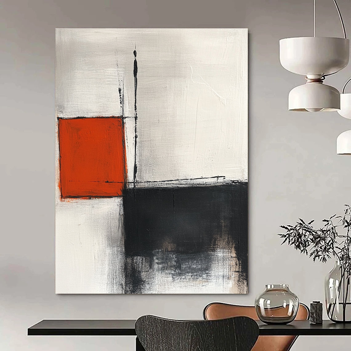 Large abstract painting featuring lines squares and soft edges in white grey black and red tones with minimalist elegance and high-resolution quality.STSC772