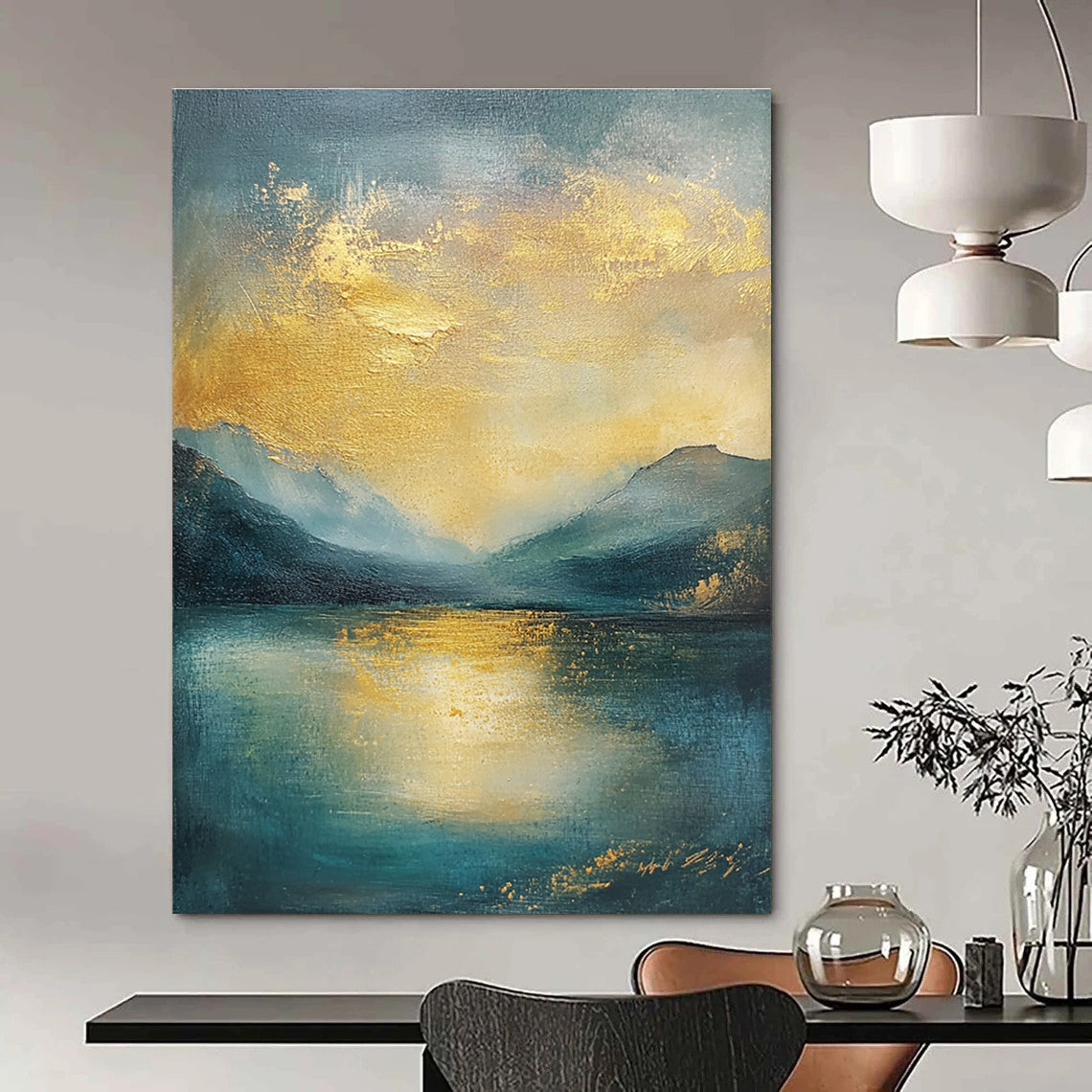 Abstract landscape oil painting featuring gold and teal hues with textured clouds sea and mountains in muted colors.STSC081