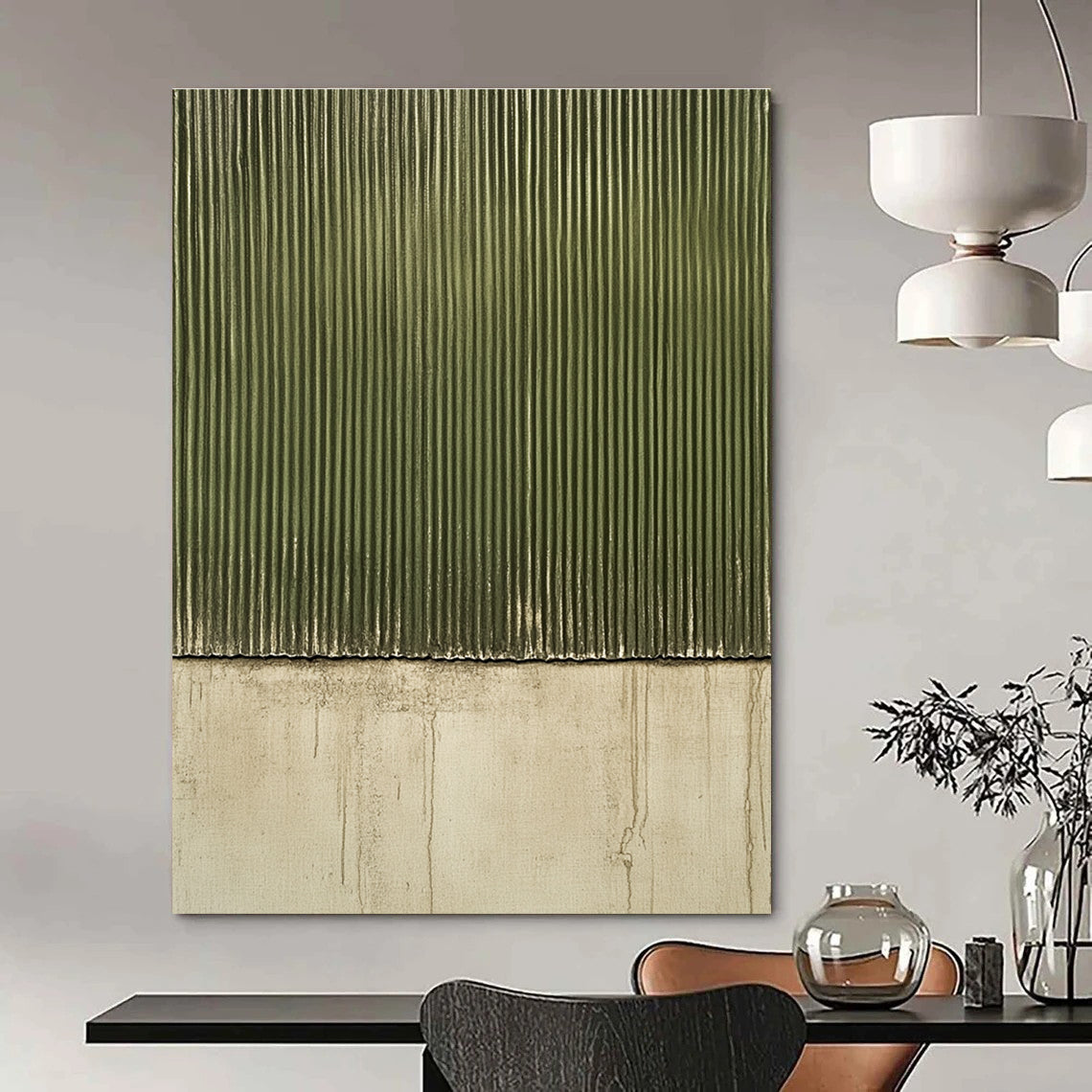 Large abstract painting featuring a textured green corrugated surface on a dark gray background with a grainy oil painting effect.STSC958