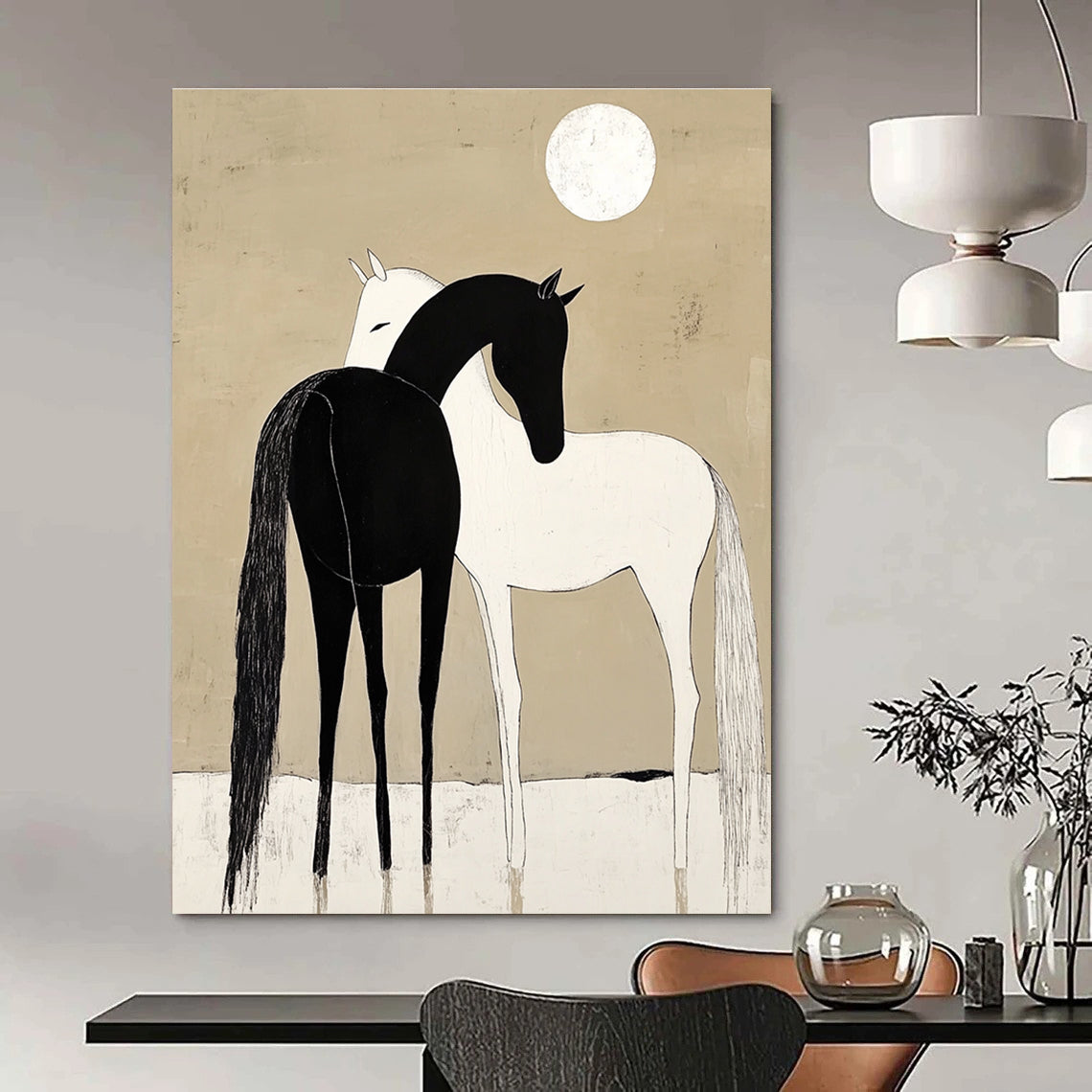 A large abstract painting depicting a black horse and white pony cuddling under a moonlit sky with simple shapes and a minimalistic beige background.STSC915
