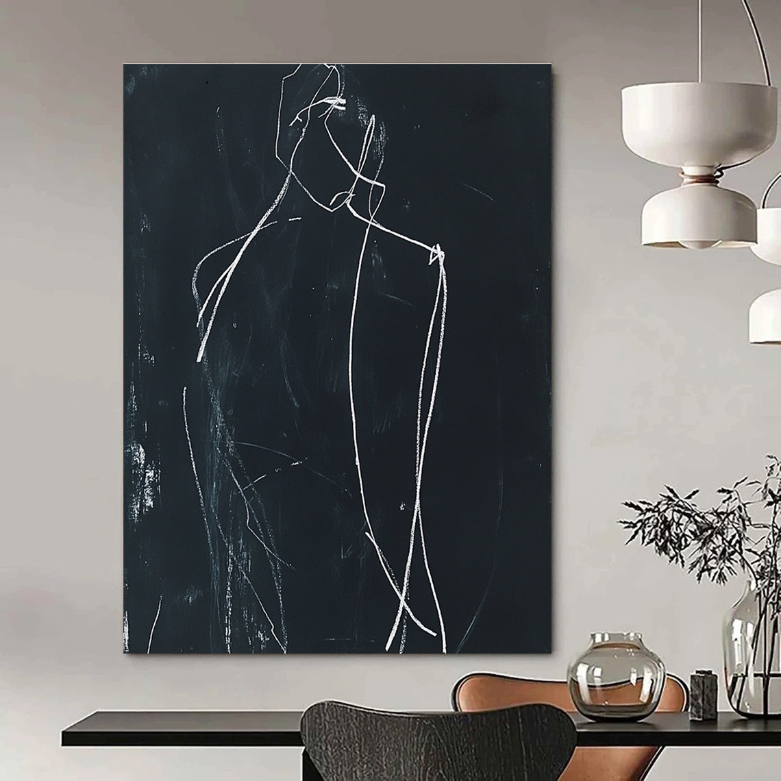 Large abstract drawing featuring a minimalist human figure in white chalk on black paper with soft lighting and shadows enhancing its form.STSC976