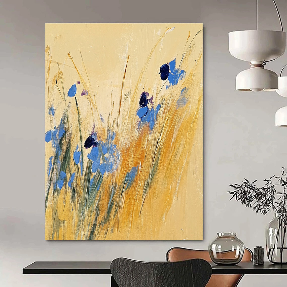 Large abstract painting of tall grass and blue wildflowers on a light yellow background inspired by Joseph Mallord William Turner.STSC336