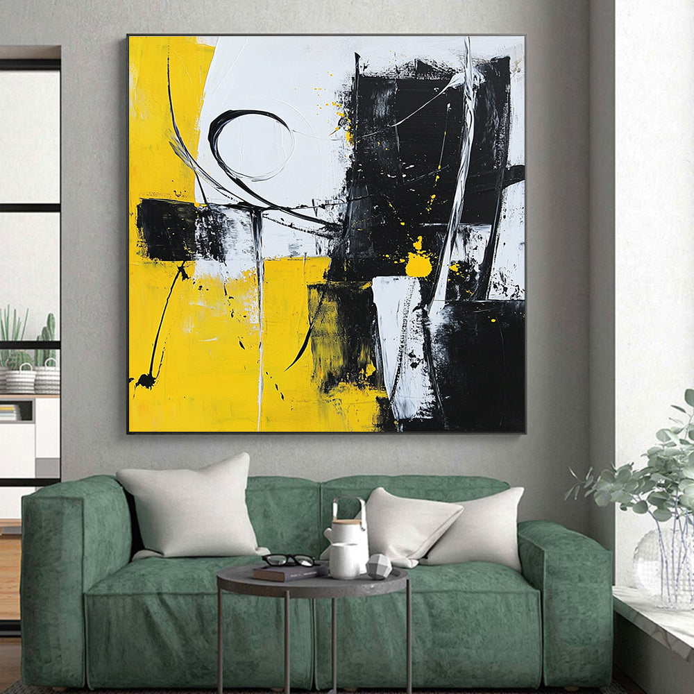 Yellow Black and White Abstract Painting with Dynamic Strokes GER511