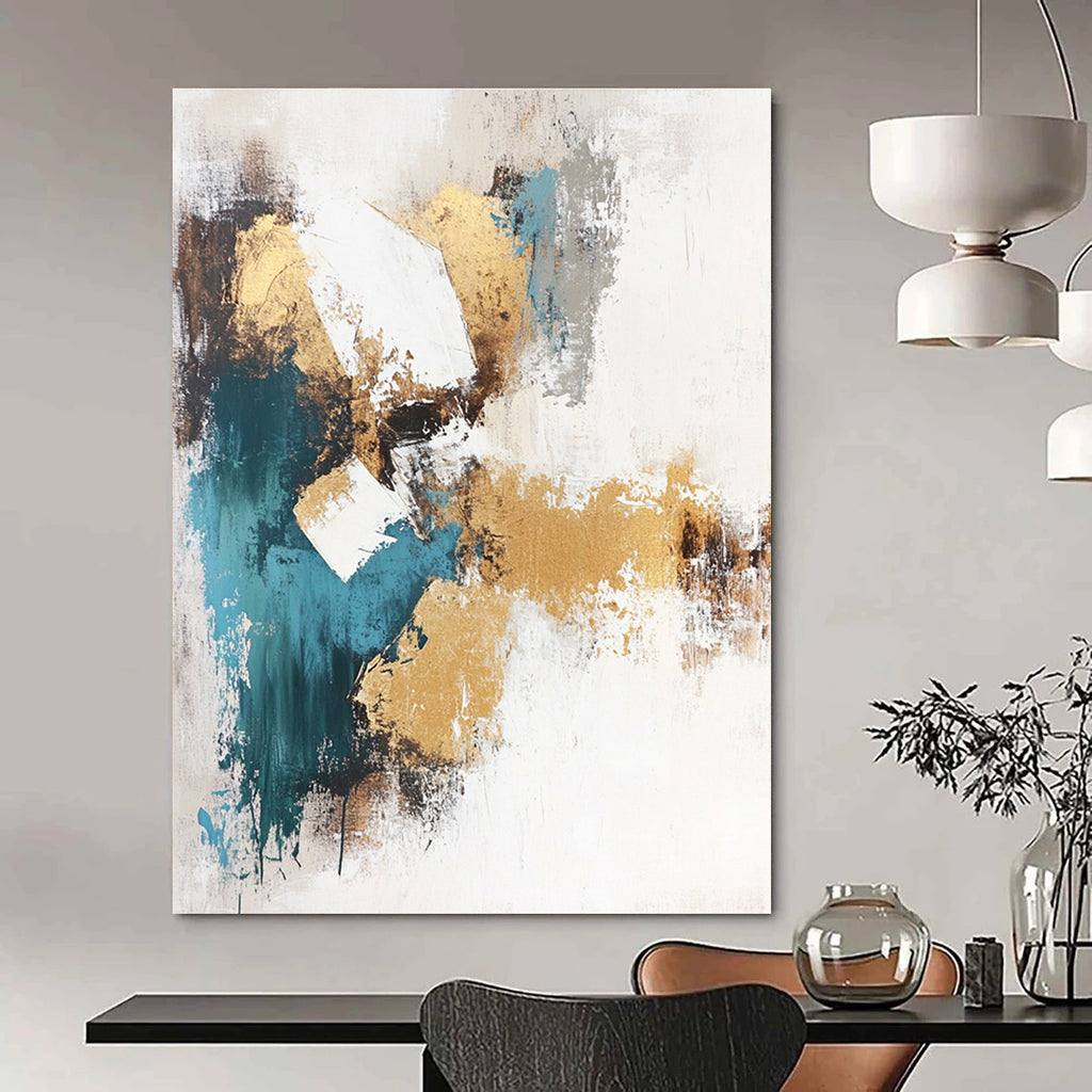 Large abstract painting in beige and teal tones featuring gold foil accents on a white background. Perfect for modern decor.STSC211