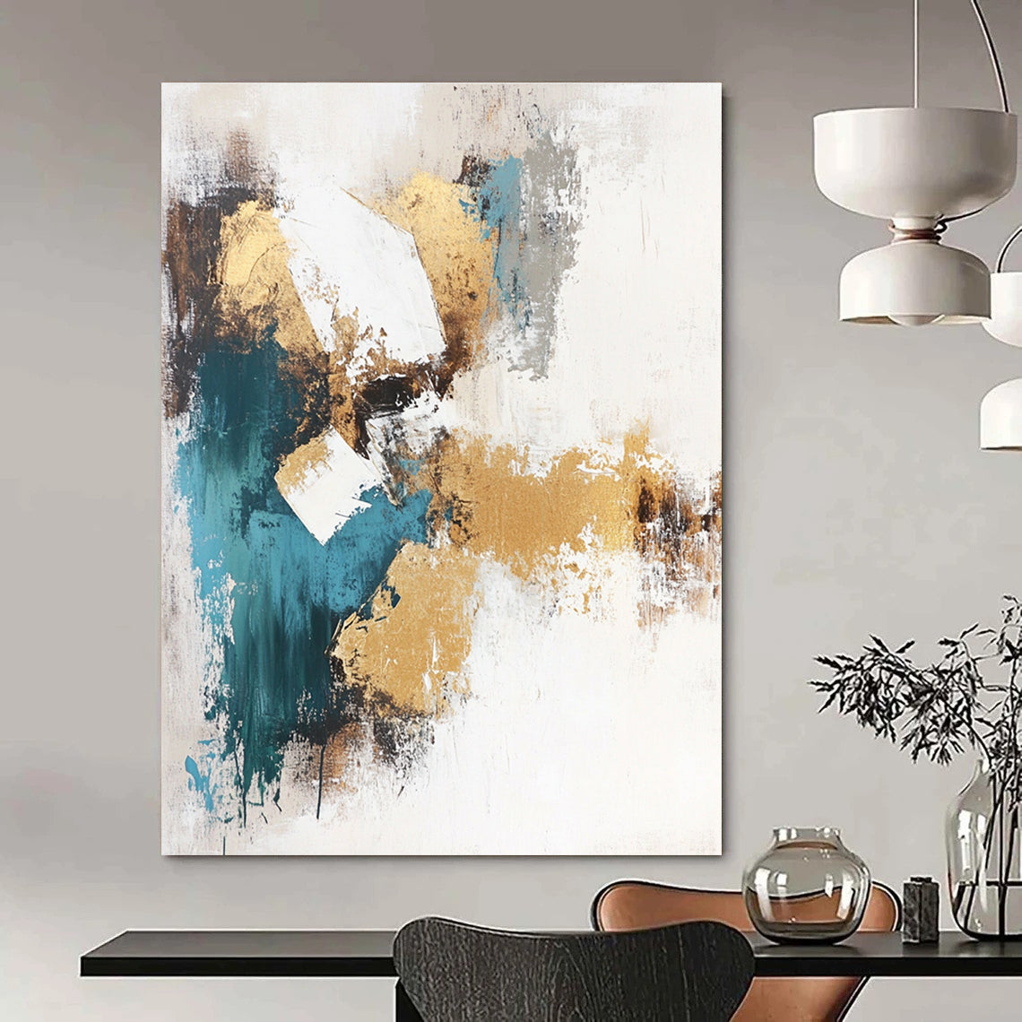 Large abstract painting in beige and teal tones featuring gold foil accents on a white background. Perfect for modern decor.STSC211