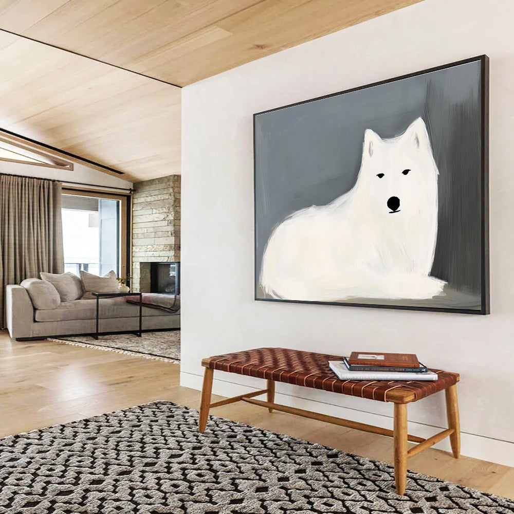 Abstract painting of a white wolf by Maud Lewis featuring simple lines and advanced color matching on a dark gray and light blue background.SC572