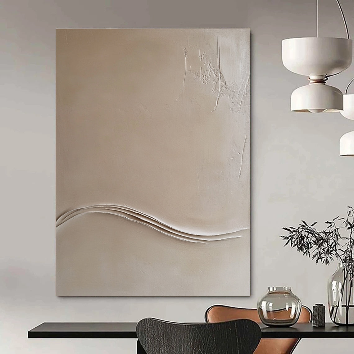 Abstract drawing featuring a beige wall with thin lines and an embossed white wave contour in the top right corner.STSC548