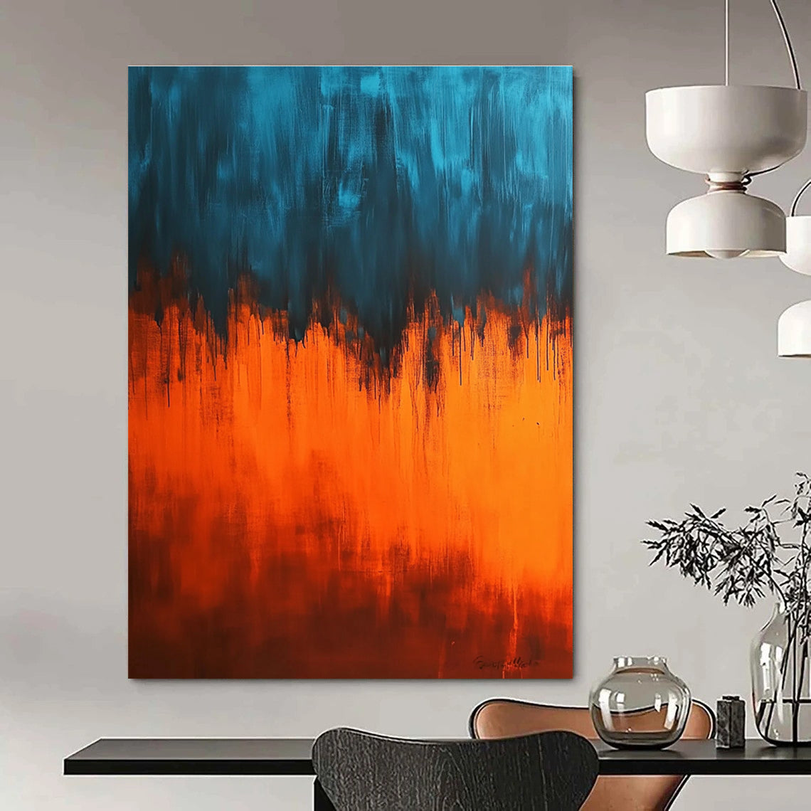 Large abstract painting featuring an orange and blue gradient background with strong light and dark contrasts creating a mysterious ethereal atmosphere.STSC385
